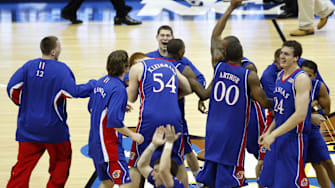 Apr 7, 2008; San Antonio, TX, USA; Members of the Kansas Jayhawks celebrate after defeating the Memphis Tigers in the finals of the 2008 NCAA Mens Final Four Championship at the Alamodome.  Kansas defeated Memphis 75-68 in overtime to win the national championship. 