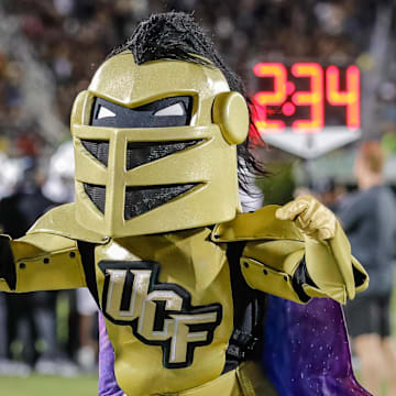 Oct 22, 2021; Orlando, Florida, USA; UCF Knights mascot Knightro preform for the fans during a time out against the Memphis Tigers during the second half at Bounce House. Mandatory Credit: Mike Watters-Imagn Images