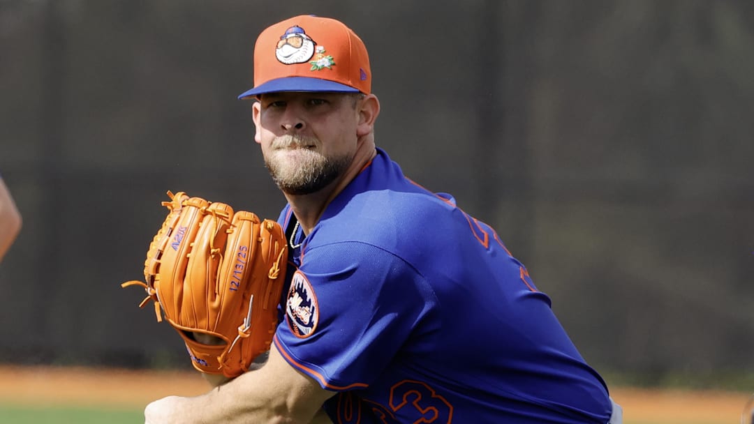 Feb 18, 2026; Port St. Lucie, FL, USA;  tNew York Mets pitcher A.J. Minter (33) hrows a pitch during spring training workouts at Clover Park. Mandatory Credit: Reinhold Matay-Imagn Images