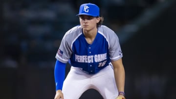 Aug 28, 2022; Phoenix, Arizona, US; East infielder Aidan Miller (16) during the Perfect Game All-American Classic high school baseball game at Chase Field. Mandatory Credit: Mark J. Rebilas-USA TODAY Sports