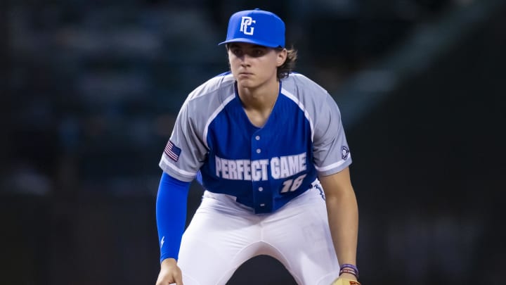 Aug 28, 2022; Phoenix, Arizona, US; East infielder Aidan Miller (16) during the Perfect Game All-American Classic high school baseball game at Chase Field. Mandatory Credit: Mark J. Rebilas-USA TODAY Sports
