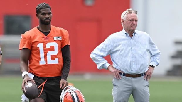 Jun 10, 2025; Berea, OH, USA; Cleveland Browns quarterback Shedeur Sanders (12) and managing and principal partner Jimmy Hasl