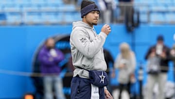 Dec 15, 2024; Charlotte, North Carolina, USA; Dallas Cowboys quarterback Trey Lance (19) during pregame warmups against the Carolina Panthers at Bank of America Stadium. Mandatory Credit: Jim Dedmon-Imagn Images
