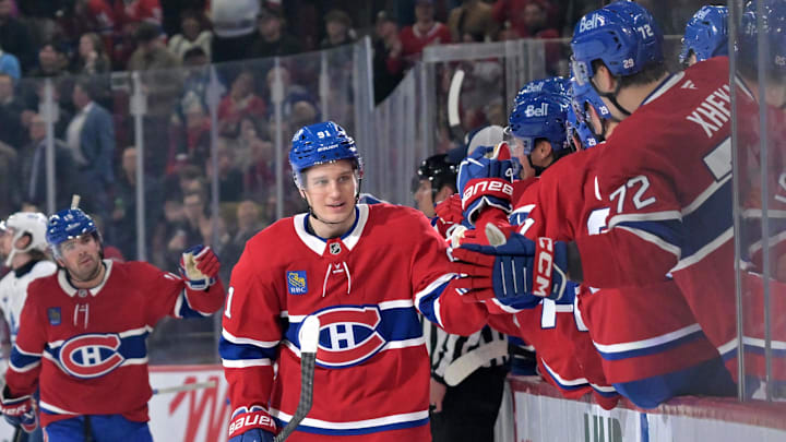 Mar 10, 2026; Montreal, Quebec, CAN; Montreal Canadiens forward Oliver Kapanen (91) celebrates with teammates after scoring a goal against the Toronto Maple Leafs during the first period at the Bell Centre. Mandatory Credit: Eric Bolte-Imagn Images