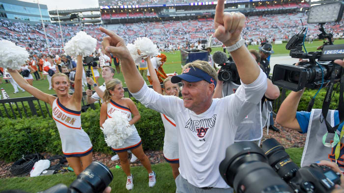 Auburn Tigers head coach Hugh Freeze thanks the fans after defeating UMass at Jordan-Hare Stadium on