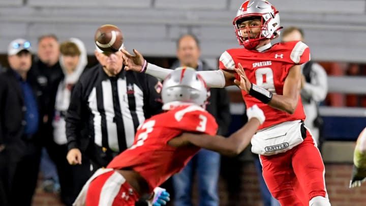 Saraland's KJ Lacey passes against Mountain Brook during the AHSAA Class 6A State Football Championship Game at Jordan Hare Stadium in Auburn, Ala., on Friday December 2, 2022.

Ms04