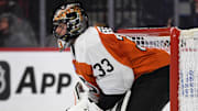 Jan 27, 2025; Philadelphia, Pennsylvania, USA; Philadelphia Flyers goaltender Samuel Ersson (33) against the New Jersey Devils at Wells Fargo Center. Mandatory Credit: Eric Hartline-Imagn Images