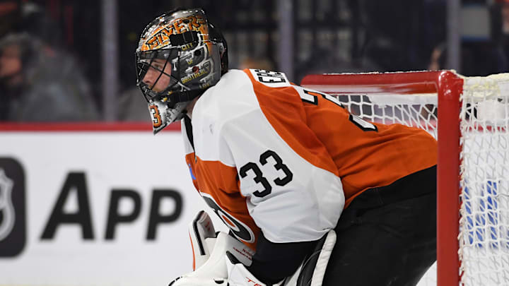 Jan 27, 2025; Philadelphia, Pennsylvania, USA; Philadelphia Flyers goaltender Samuel Ersson (33) against the New Jersey Devils at Wells Fargo Center. Mandatory Credit: Eric Hartline-Imagn Images