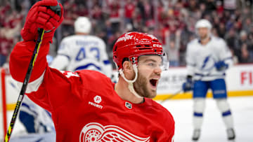 Detroit Red Wings forward Alex DeBrincat celebrates a goal against the Tampa Bay Lightning at Little Caesars Arena.