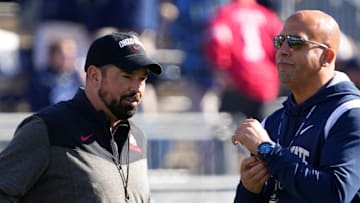 Oct 29, 2022; University Park, Pennsylvania, USA; Ohio State Buckeyes head coach Ryan Day talks to Penn State Nittany Lions head coach James Franklin prior to the NCAA Division I football game at Beaver Stadium. Mandatory Credit: Adam Cairns-The Columbus Dispatch

Ncaa Football Ohio State Buckeyes At Penn State Nittany Lions