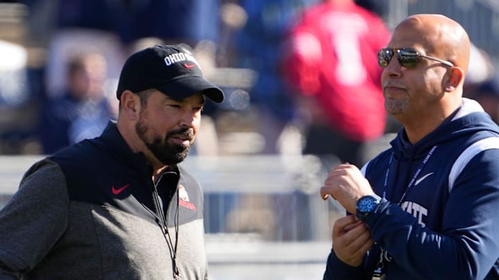 Oct 29, 2022; University Park, Pennsylvania, USA; Ohio State Buckeyes head coach Ryan Day talks to Penn State Nittany Lions head coach James Franklin prior to the NCAA Division I football game at Beaver Stadium. Mandatory Credit: Adam Cairns-The Columbus Dispatch

Ncaa Football Ohio State Buckeyes At Penn State Nittany Lions