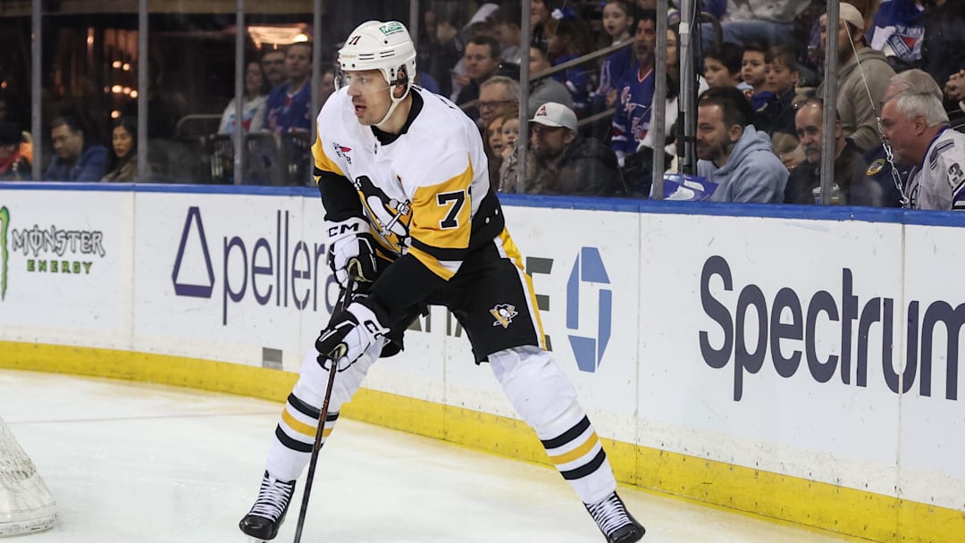 Feb 28, 2026; New York, New York, USA;  Pittsburgh Penguins center Evgeni Malkin (71) at Madison Square Garden. Mandatory Credit: Wendell Cruz-Imagn Images