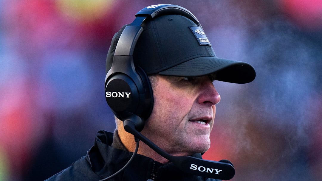 Baltimore Ravens head coach John Harbaugh walks the sideline