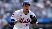 Jun 12, 2025; New York City, New York, USA; New York Mets relief pitcher Edwin Diaz (39) reacts after getting the final out of the game against the Washington Nationals at Citi Field. Mandatory Credit: Brad Penner-Imagn Images
