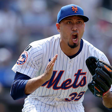 Jun 12, 2025; New York City, New York, USA; New York Mets relief pitcher Edwin Diaz (39) reacts after getting the final out of the game against the Washington Nationals at Citi Field. Mandatory Credit: Brad Penner-Imagn Images