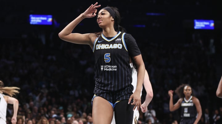 Chicago Sky forward Angel Reese (5) gestures in the fourth quarter against the New York Liberty at Barclays Center.