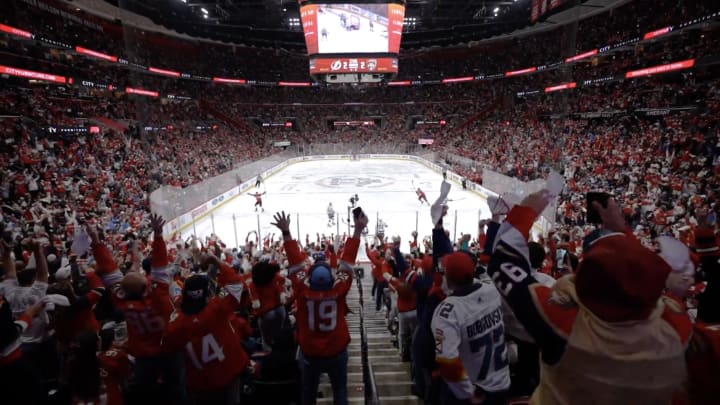 Panthers fans celebrate a game-winning goal in overtime