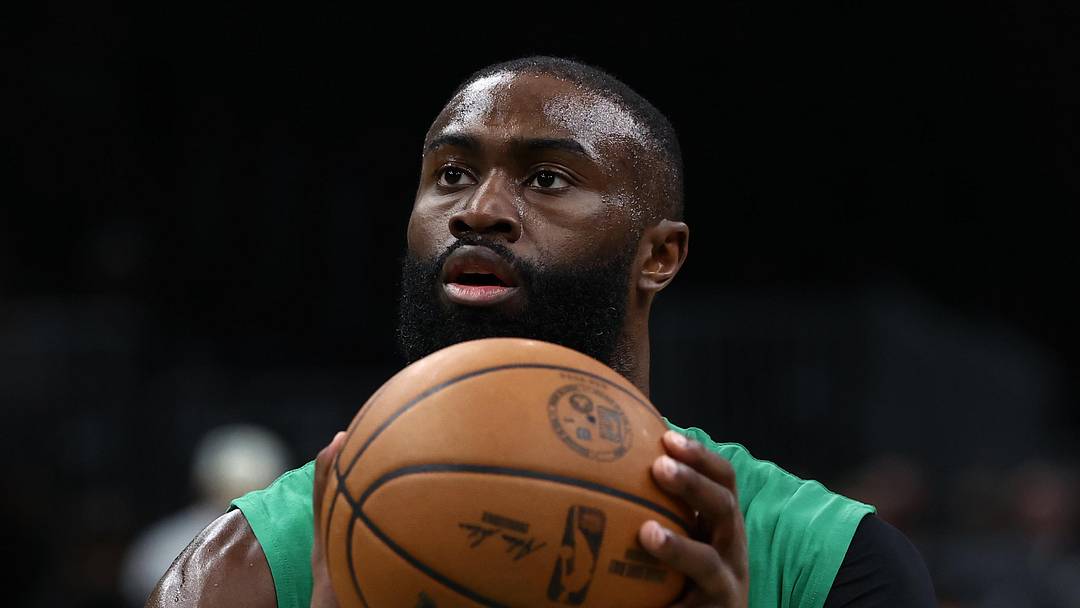 Apr 10, 2026; Boston, Massachusetts, USA; Boston Celtics guard Jaylen Brown (7) warms up before their game against the New Orleans Pelicans at TD Garden. Mandatory Credit: Winslow Townson-Imagn Images