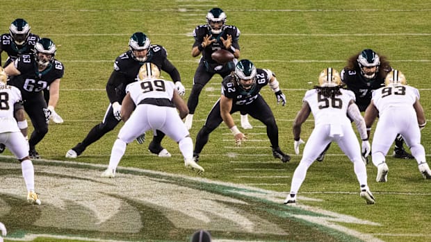 Philadelphia Eagles quarterback Jalen Hurts (2) receives a snap against the New Orleans Saints 