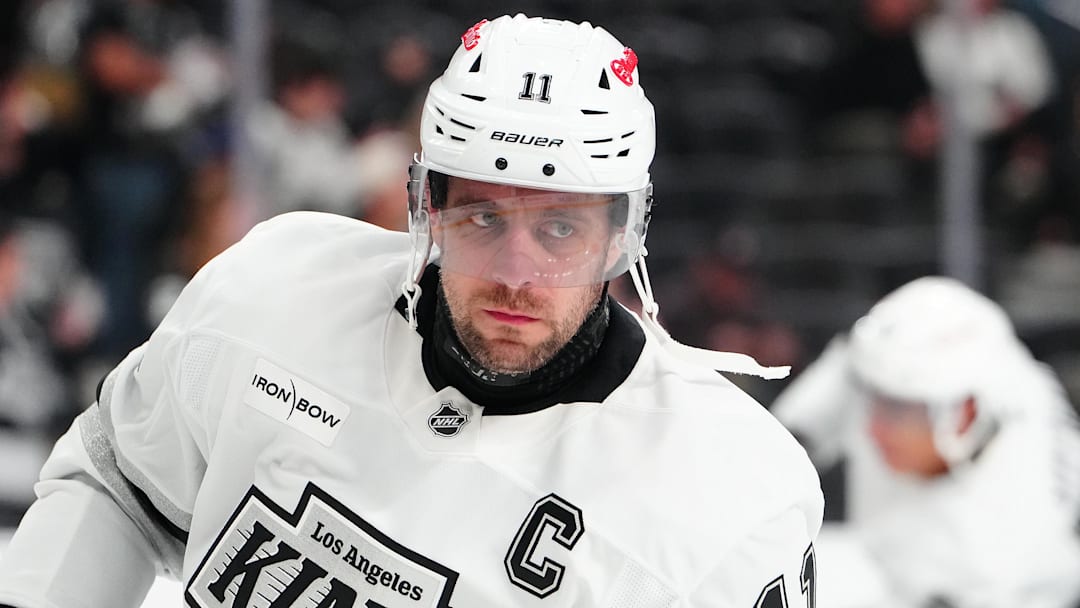 Feb 5, 2026; Las Vegas, Nevada, USA; Los Angeles Kings center Anze Kopitar (11) warms up before the start of a game against the Vegas Golden Knights at T-Mobile Arena. Mandatory Credit: Stephen R. Sylvanie-Imagn Images