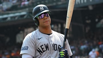 Jul 14, 2024; Baltimore, Maryland, USA;  New York Yankees outfielder Juan Soto (22) prepares to bat during the first inning against the Baltimore Orioles at Oriole Park at Camden Yards. Mandatory Credit: James A. Pittman-Imagn Images