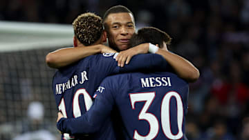 Killian Mbappe hugs his Paris Saint-Germain teammates Neymar Jr., and Lionel Messi. Inter Miami CF captain Messi will be the only one of these former PSG stars on the pitch when the Herons play the French side today in the Club World Cup Round of 16.