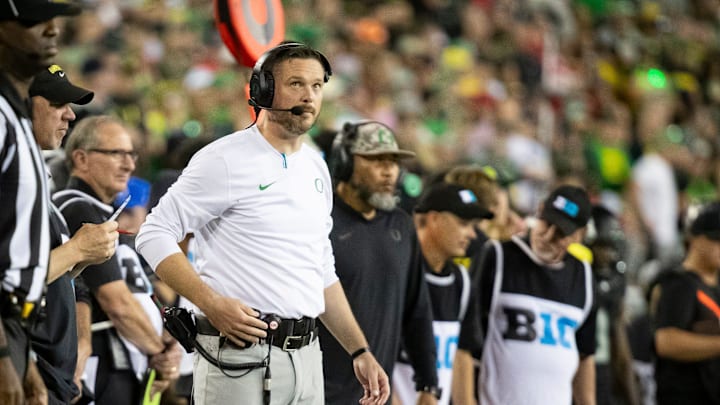Oregon coach Dan Lanning stands on the sidelines during a game vs. Ohio State.