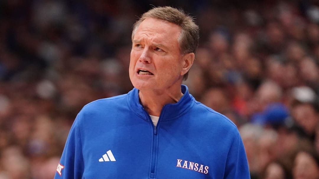 Kansas Jayhawks head coach Bill Self yells out during the Sunflower Showdown game inside Allen Fieldhouse in Lawrence, Kansas, on Saturday, March 7, 2026.