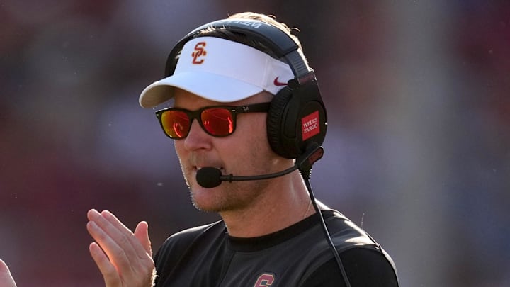 Aug 30, 2025; Los Angeles, California, USA; Southern California Trojans head coach Lincoln Riley watches from the sidelines against the Missouri State Bears in the first half at United Airlines Field at Los Angeles Memorial Coliseum. Mandatory Credit: Kirby Lee-Imagn Images Aug 30, 2025; Los Angeles, California, USA; Southern California Trojans head coach Lincoln Riley watches from the sidelines against the Missouri State Bears in the first half at United Airlines Field at Los Angeles Memorial Coliseum. Mandatory Credit: Kirby Lee-Imagn Images