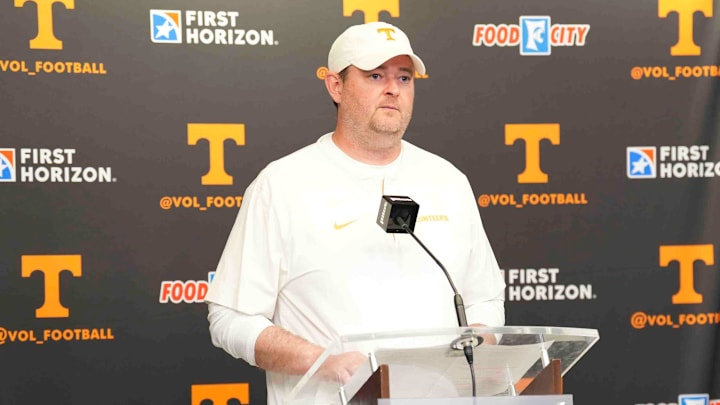 Tennessee head coach Josh Heupel speaks after the Orange & White spring game, Saturday, April 12, 2025.