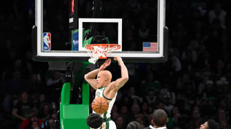 Feb 4, 2024; Boston, Massachusetts, USA; Boston Celtics guard Jordan Walsh (27) registers his first career NBA basket during the second half against the Memphis Grizzlies pat TD Garden. Mandatory Credit: Eric Canha-USA TODAY Sports