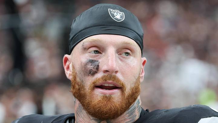 Sep 28, 2025; Paradise, Nevada, USA; Las Vegas Raiders defensive end Maxx Crosby (98) looks on from the sideline during the first quarter against the Chicago Bears at Allegiant Stadium. Mandatory Credit: Kiyoshi Mio-Imagn Images