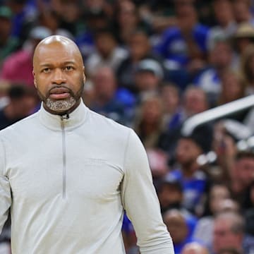 Apr 25, 2025; Orlando, Florida, USA; Orlando Magic head coach Jamahl Mosley walks onto the court during a timeout in the second quarter of game three of first round for the 2024 NBA Playoffs at Kia Center. Mandatory Credit: Mike Watters-Imagn Images