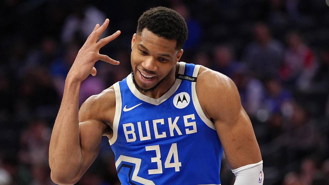 Apr 3, 2025; Philadelphia, Pennsylvania, USA; Milwaukee Bucks forward Giannis Antetokounmpo (34) reacts against the Philadelphia 76ers in the fourth quarter at Wells Fargo Center. Mandatory Credit: Kyle Ross-Imagn Images