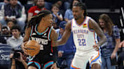 Nov 9, 2025; Memphis, Tennessee, USA; Memphis Grizzlies guard Ja Morant (12) dribbles as Oklahoma City Thunder guard Cason Wallace (22) defends during the first quarter at FedExForum. Mandatory Credit: Petre Thomas-Imagn Images
