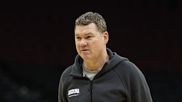 Mar 26, 2025; Newark, NJ, USA; Arizona Wildcats head coach Tommy Lloyd looks on during a practice session in preparation for an East Regional semifinal game against the Duke Blue Devils at Prudential Center. Mandatory Credit: Vincent Carchietta-Imagn Images