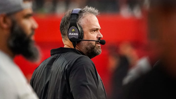 Sep 16, 2023; Lincoln, Nebraska, USA; Nebraska Cornhuskers head coach Matt Rhule watches play from the sideline during the second quarter against the Northern Illinois Huskies at Memorial Stadium.