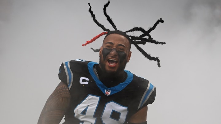 Dec 17, 2023; Charlotte, North Carolina, USA; Carolina Panthers linebacker Frankie Luvu (49) is introduced before the game at Bank of America Stadium. Mandatory Credit: Bob Donnan-USA TODAY Sports