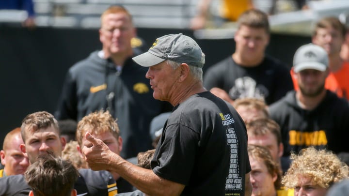 Iowa Head Coach Kirk Ferentz talks to the team following the Kids Day at Kinnick scrimmage Saturday, Aug. 10, 2024 at Kinnick Stadium in Iowa City, Iowa.