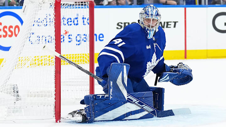 Anthony Stolarz follows the puck against the Senators.