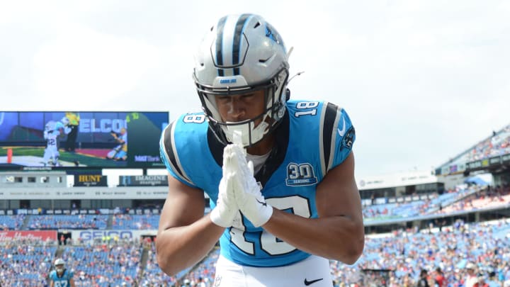 Aug 24, 2024; Orchard Park, New York, USA; Carolina Panthers wide receiver Jalen Coker (18) reacts to scoring a touchdown  against the Buffalo Bills in the fourth quarter pre-season game at Highmark Stadium. Mandatory Credit: Mark Konezny-USA TODAY Sports