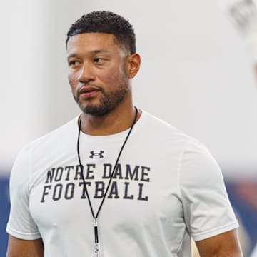 Notre Dame head coach Marcus Freeman during a football practice at Irish Athletic Center on Thursday, July 31, 2025, in South Bend.