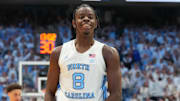 Nov 7, 2025; Chapel Hill, North Carolina, USA;  North Carolina Tar Heels forward Caleb Wilson (8) reacts in the second half at Dean E. Smith Center. Mandatory Credit: Bob Donnan-Imagn Images