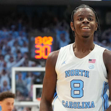 Nov 7, 2025; Chapel Hill, North Carolina, USA;  North Carolina Tar Heels forward Caleb Wilson (8) reacts in the second half at Dean E. Smith Center. Mandatory Credit: Bob Donnan-Imagn Images