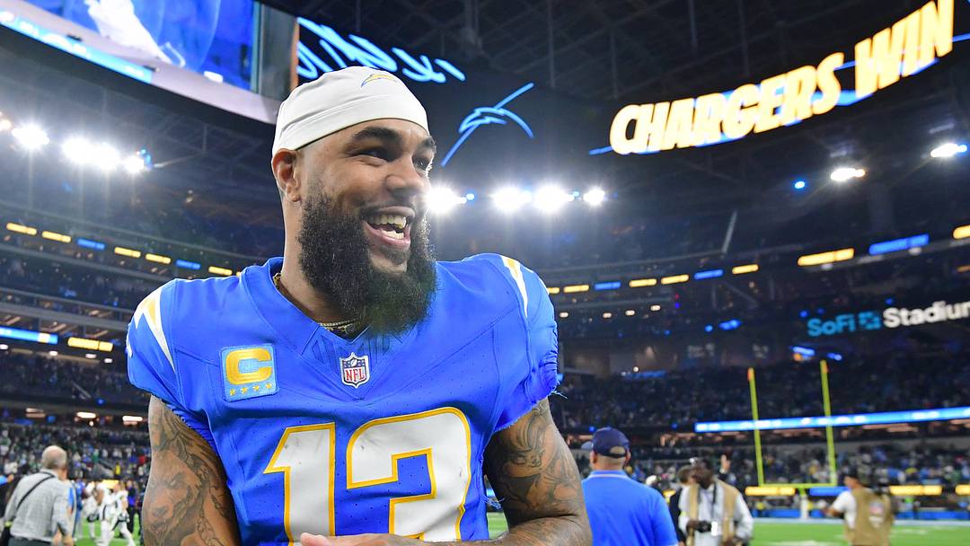 Dec 8, 2025; Inglewood, California, USA; Los Angeles Chargers wide receiver Keenan Allen (13) celebrates after defeating the Philadelphia Eagles at SoFi Stadium. Mandatory Credit: Gary A. Vasquez-Imagn Images
