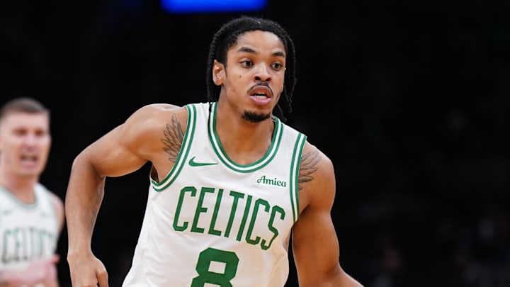 Oct 29, 2025; Boston, Massachusetts, USA; Boston Celtics forward Josh Minott (8) returns the ball against the Cleveland Cavaliers in the second quarter at TD Garden. Mandatory Credit: David Butler II-Imagn Images