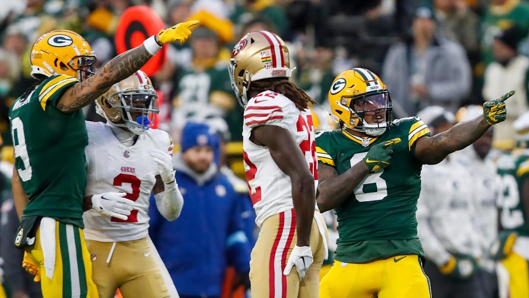 Green Bay Packers running back Josh Jacobs (8) signals for a first down at the end of a run against the San Francisco 49ers on Sunday, November 24, 2024, at Lambeau Field in Green Bay, Wis. The Packers won the game, 38-10.
Tork Mason/USA TODAY NETWORK-Wisconsin