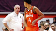 Dec 15, 2024; Blacksburg, Virginia, USA; Virginia Tech Hokies head coach Mike Young talks to guard Rodney Brown Jr. (4) during the first half against the Navy Midshipmen at Cassell Coliseum. Mandatory Credit: Peter Casey-Imagn Images