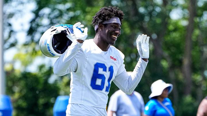 Detroit Lions defensive end Anthony Lucas (61) walks off the field after practice during OTAs at Meijer Performance Center in Allen Park on Thursday, June 11, 2026.
