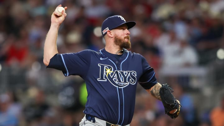 Jun 14, 2024; Atlanta, Georgia, USA; Tampa Bay Rays relief pitcher Chris Devenski (48) throws against the Atlanta Braves in the sixth inning at Truist Park.